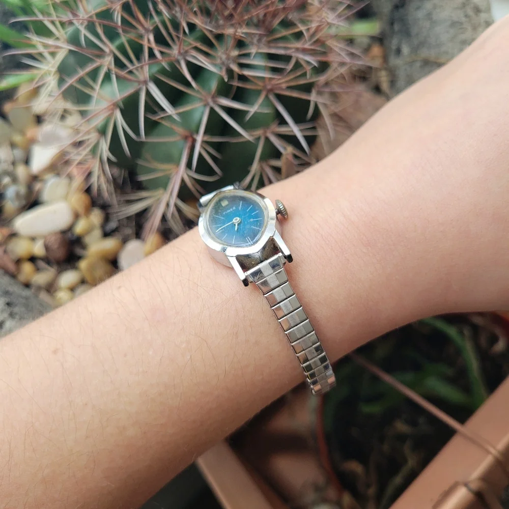 Vintage Timex Marquise Dainty Silver & Navy Blue Classic Stretch Watch